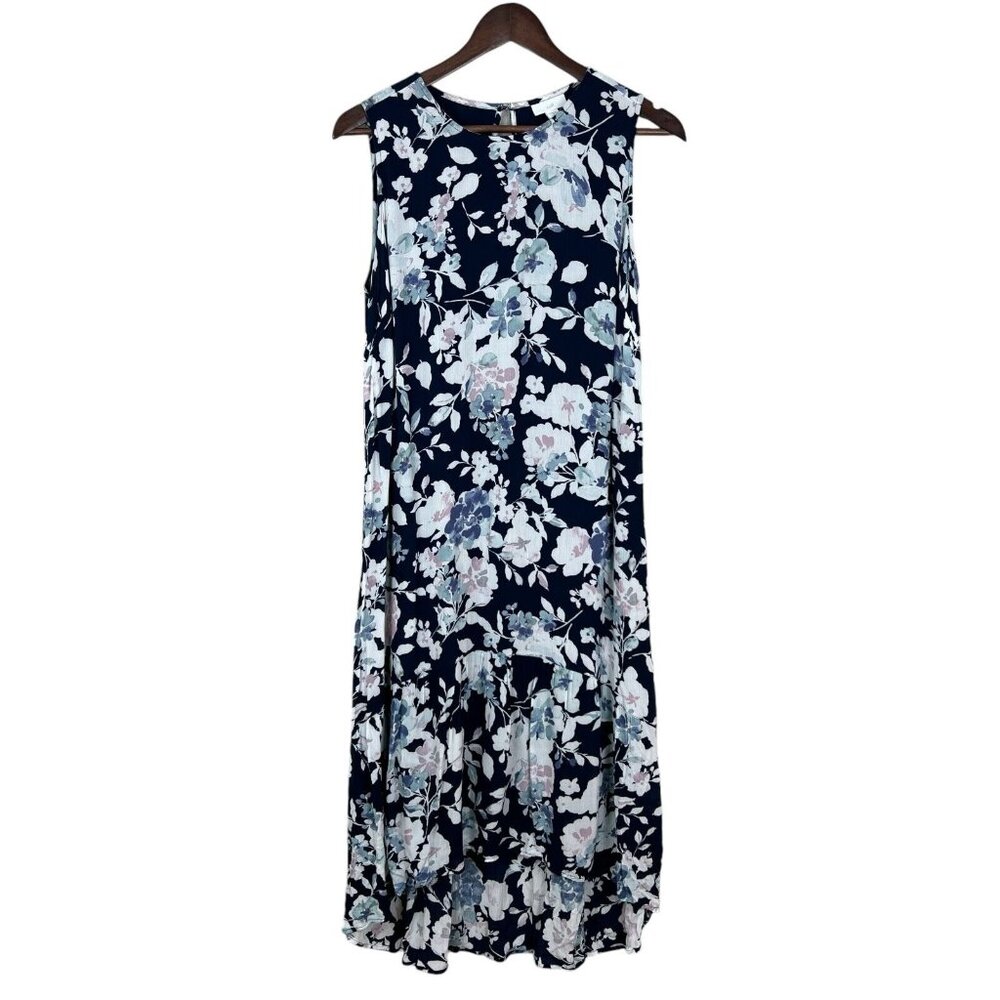 J. Jill Midi Dress PM Navy‎ Blue Floral Shift Ruffle High Low Hem Petite Medium